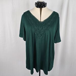 Bloomchic T-Shirt Women's 2X Green Solid Ruffle Short Sleeve Lace V-Neck NWT